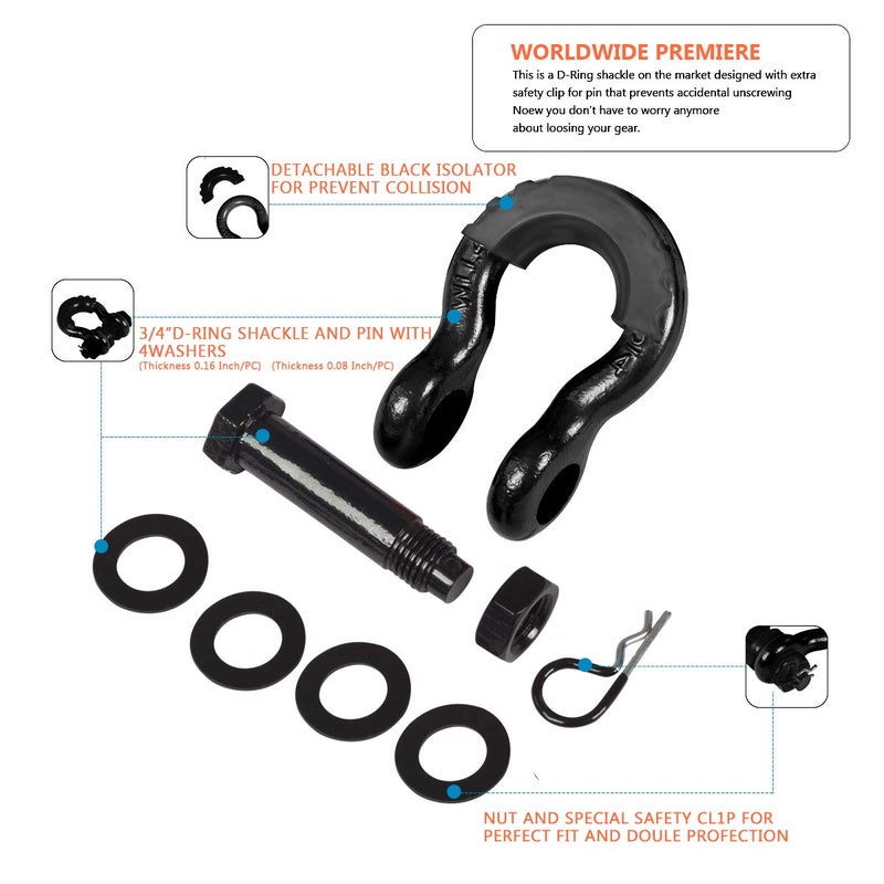 AMBULL Shackles 3/4 Inch D Ring Shackle (2 Pack) 45,000lb Break Strength with 7/8 Inch Pin, Isolator and Washer Kits for Use with Tow Strap, Winch, Off-Road Jeep Truck Vehicle Recovery, Black - Image 5